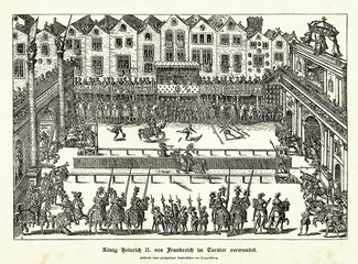 The fatal tournament between Henry II of France and Montgomery (from Spamers Illustrierte  Weltgeschichte, 1894, 5[1], 510/511)