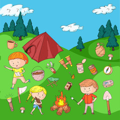 Children camping. Summer camp. Scouts, adventure, hiking, exploration. School and kindergarten kids. Children drawing. Kids drawing illustration style. Vector image