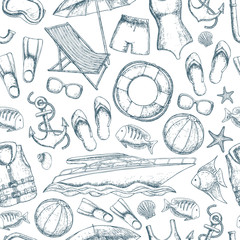 Seamless background of beach summer holidays accessories, sketch cartoon illustration. Vector