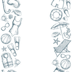 Seamless vertical borders of beach summer holidays accessories, sketch cartoon illustration. Vector