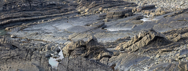 Coastal texture of rocks. Near Hartland Quay. Panorama. Devon. UK