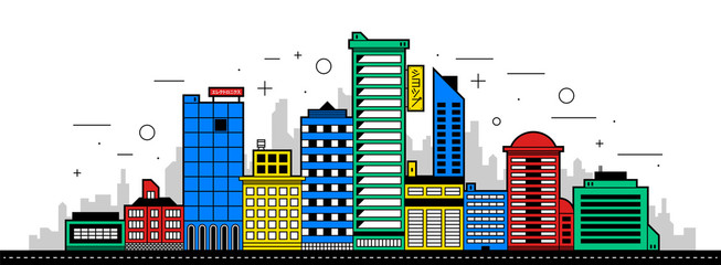 Modern city illustration. Towers and buildings in colored outline style on white background