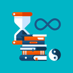Colorful illustration about philosophy in modern flat style. College subject icon on cyan background. Hourglass, books, philosophical symbols.