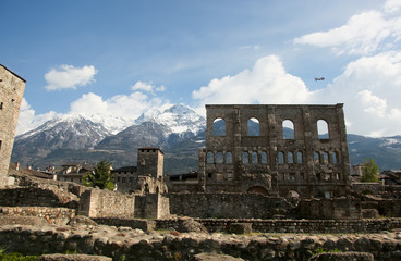 Landscape view of beautiful mountains landscape in valley Aosta. Teatro Romano, Aosta, Italy