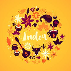 India background/banner template with abstract, floral and national elements. Useful for traveling advertising and web design.