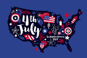 Illustration of USA map with abstract floral and patriotic elements. 4 July Independence Day template. Useful for prints, posters and advertising.