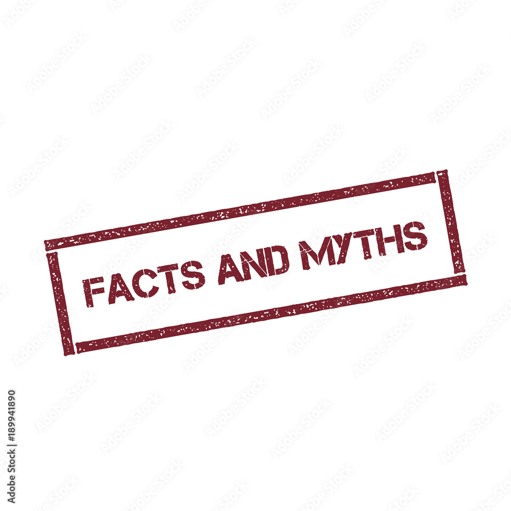 Poster facts and myths rectangular stamp. textured red seal with text isolated on white background, vector 