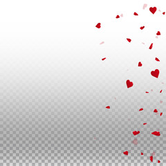 3d hearts valentine background. Scatter right gradient on transparent grid light background. 3d hearts valentines day splendid design. Vector illustration.