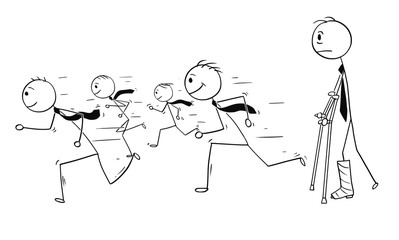 Cartoon stick man drawing conceptual illustration of businessman with broken leg watching career of healthy businessmen running for success. Business concept of success, limitations and obstacles.
