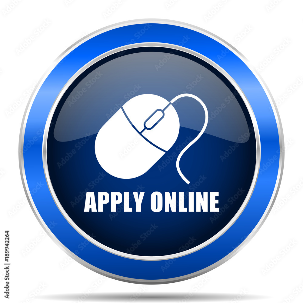 Aufkleber apply online vector icon. modern design blue silver metallic glossy web and mobile applications butt