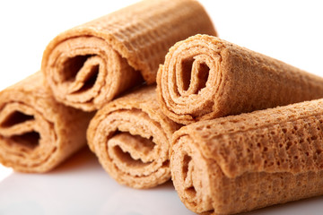 Wafer rolls. Sweet tube wafer isolated on white background. Dessert.
