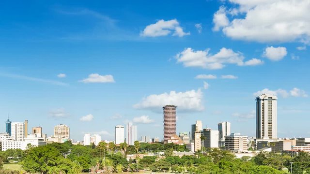 Timelapse sequence of the skyline of Nairobi, Kenya with Uhuru Park in the foreground