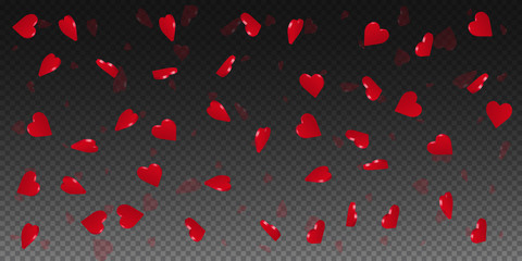 Fototapeta na wymiar 3d hearts valentine background. Wide scatter on transparent grid dark background. 3d hearts valentines day fancy design. Vector illustration.