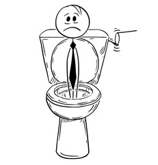 Cartoon stick man drawing conceptual illustration of businessman who lost his career flushed in to toilet. Concept of career break.