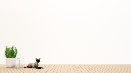 Grey cat on terrace and white background in hotel or restaurant - living area simple design artwork for vacation time - 3D Rendering
