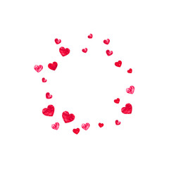 Valentines day border with red glitter hearts. February 14th day. Vector confetti for valentines day border template. Grunge hand drawn texture. Love theme for party invite, retail offer and ad.