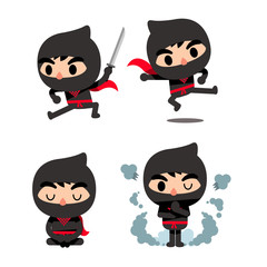Vector set of cute ninja characters in different actions isolated on white background.