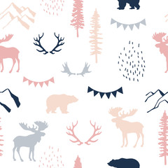 Forest seamless pattern. Wild nature. Ideal for cards, invitations, party, banners, baby shower, preschool and children room decoration.