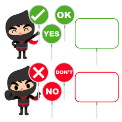 Vector set of cute, funny ninja character with many sign and message board.