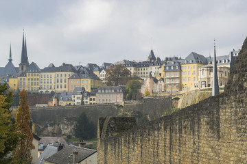 Detail of famous Luxembourg city sky line in cold cloudy day in November, Luxembourg.
