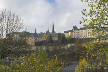 Detail of famous Luxembourg city sky line in cold cloudy day in November with Notre-Dame Cathedral, Luxembourg.