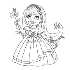 Cute little princess with long hair in tiara outlined isolated on white background