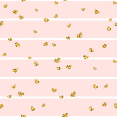 Gold heart seamless pattern. Pink-white geometric stripes, golden confetti-hearts. Symbol of love, Valentine day holiday. Design wallpaper, background, fabric texture. Vector illustration