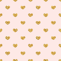 Gold heart seamless pattern. Golden geometric confetti-hearts on pink background. Symbol of love, Valentine day holiday. Design wallpaper, fabric texture. Vector illustration