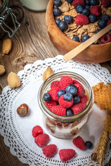 Tasty breakfast with milk and fruit.
