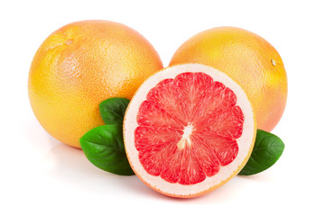 grapefruit and half with leaves isolated on white background