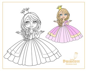 Little princess in crown wearing in magnificent dress color and outlined isolated on a white background
