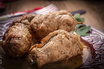 Tasty roulades beef on plate.