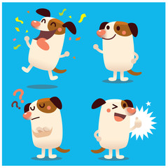 Vector set of cute dog character in different actions, emotions isolated on blue background.