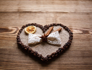 coffee decorated heart for Valentine's Day with bow
