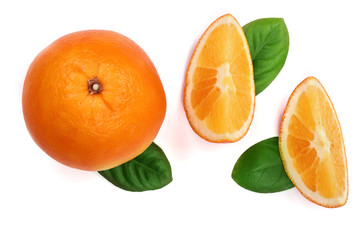 Orange with slice and leaf isolated on the white background. Flat lay pattern. Top view