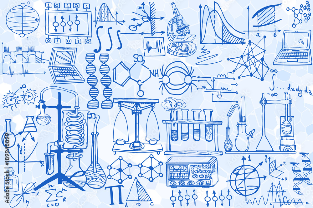 Wall mural vector seamless pattern with sketch elements related to science or education. physics or chemistry a