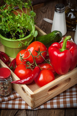 Vegetables in a wooden box.