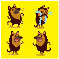 Vector set of cute german shepherd dog in different actions, emotions isolated on yellow background.