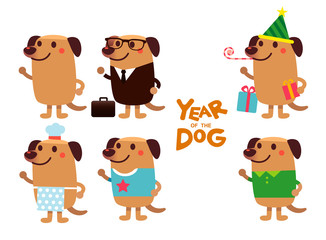 Vector set of cute dog characters in different costume isolated on white background.