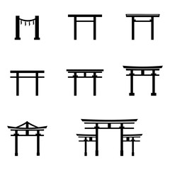 Vector Set of Black Silhouette Torii Gate Icons.