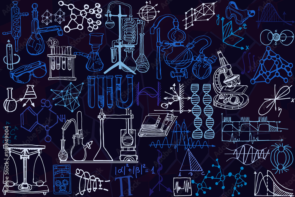 Wall mural vector seamless pattern with sketch elements related to science or education. physics or chemistry a