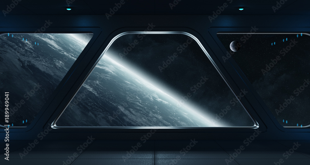 Poster spaceship futuristic interior with view on planet earth