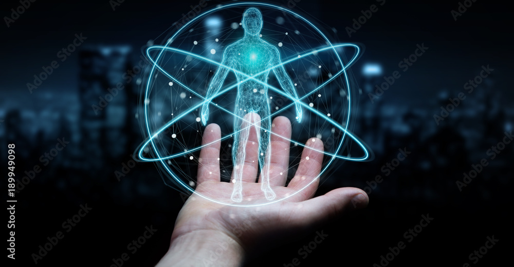 Poster Businessman using digital x-ray human body scan interface 3D rendering