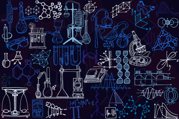 Vector seamless pattern with sketch elements related to science or education. Physics or chemistry abstract background with parts of decorative lab tools and diagrams. Hand drawn.