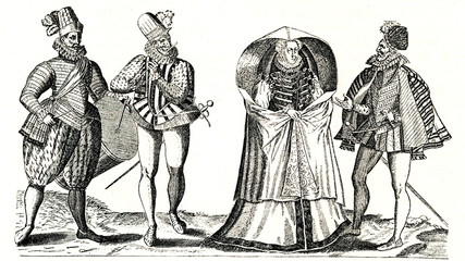 Dutch fashions in the 16th century - spanish army musicians (left) and local aristocrats (from Spamers Illustrierte Weltgeschichte, 1894, 5[1], 543)