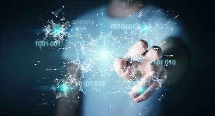 Businessman using digital binary code connection network 3D rendering