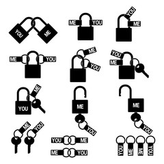 Set of you and me with padlock  icon on transparent background
