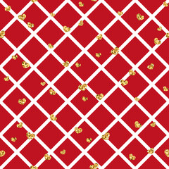 Gold heart seamless pattern. Red-white geometric decoration, golden confetti-hearts. Symbol of love, Valentine day holiday. Design wallpaper, background, fabric texture. Vector illustration
