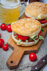 Homemade hamburger with fresh vegetables.