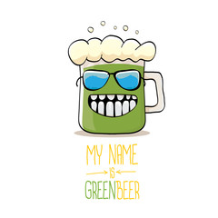 vector cartoon funky green beer glass character with isolated on white background. vector beer label or poster design template. my name is green beer or happy st. patricks day greeting card